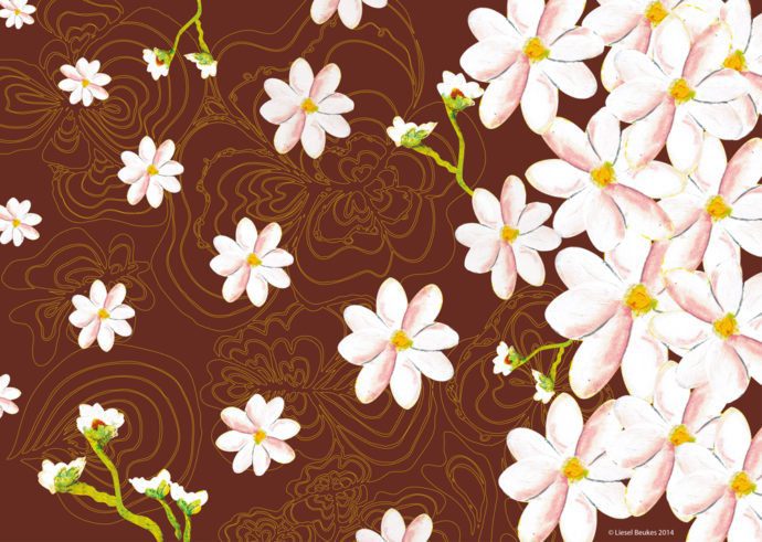 Pattern designed around Bhoomie Daisy for the Bhoomie calendar 2014 to give the calendar a second life i.e. to repurpose the used pages as gift wrap.